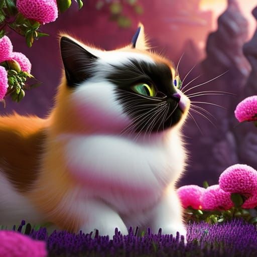 Cute Cat Portrait in Roses, Digital Art