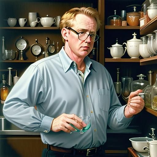 Realistic Oil Painting: Blue-Collar Man Arranging Shelves