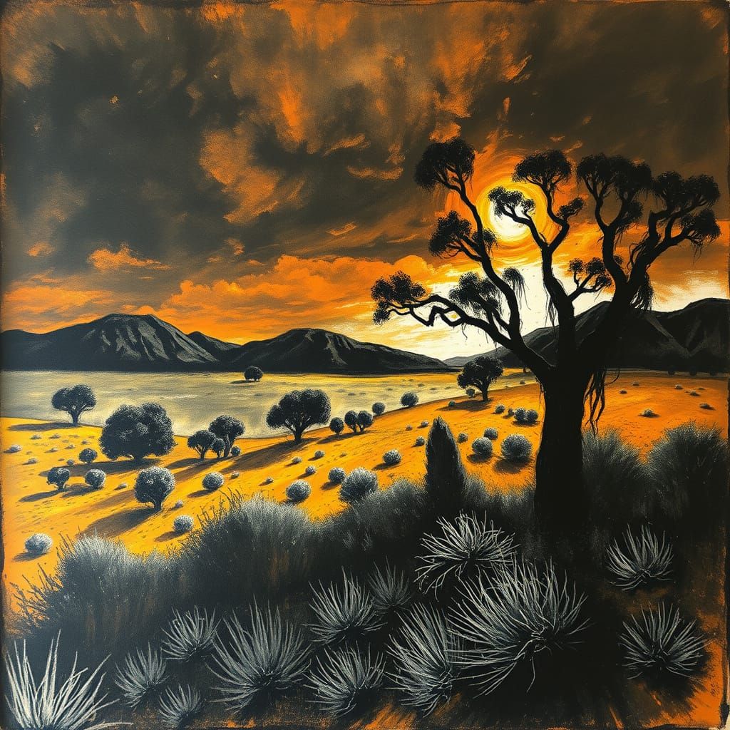 Vibrant Australian Landscape in Charcoal Drawing Style