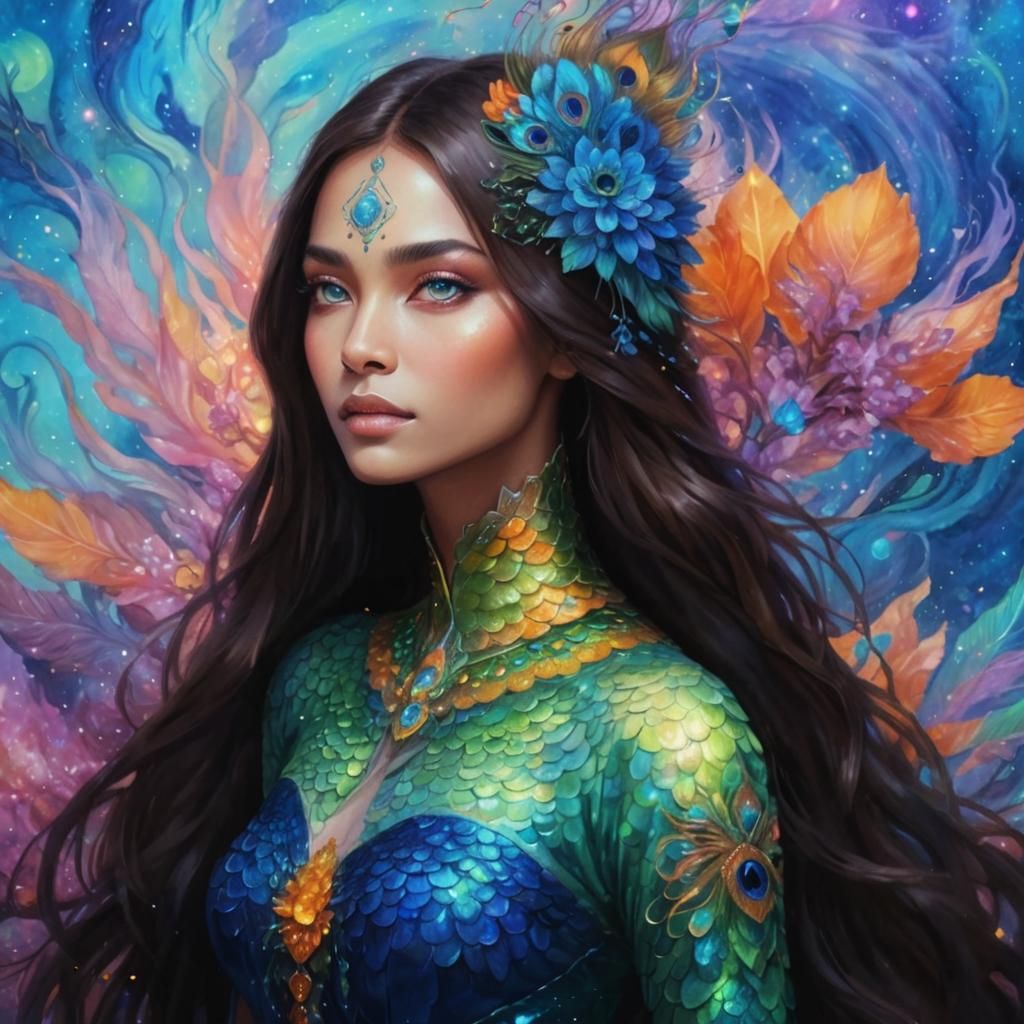 Dragon Peacock Woman Portrait in Astral Style