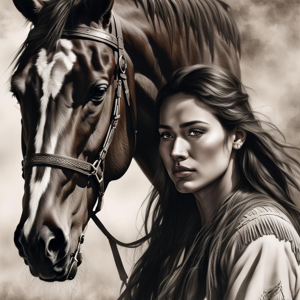 Native American Woman and Stallion in Friendship