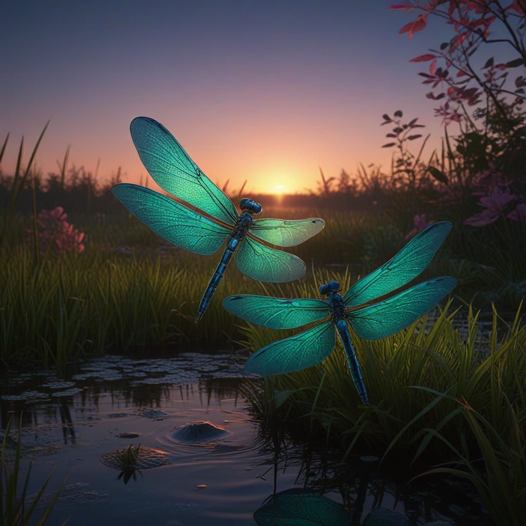 Glowing Dragonflies in a Vibrant Emerald Marsh