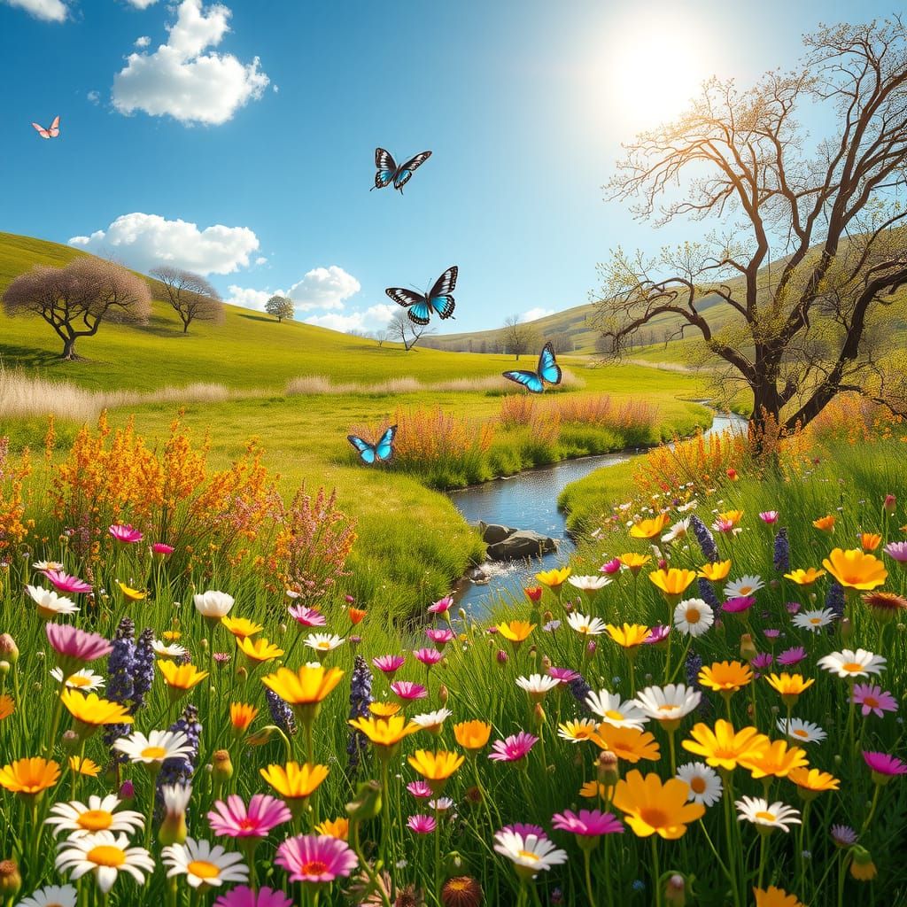 Vibrant Spring Meadow in Digital Matte Painting Style