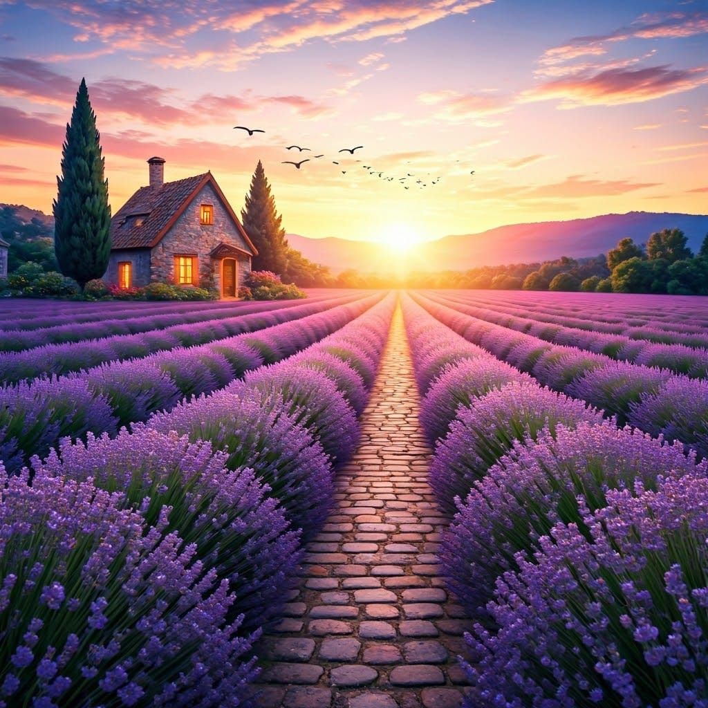 Serene Lavender Field at Sunset in Impressionist Style