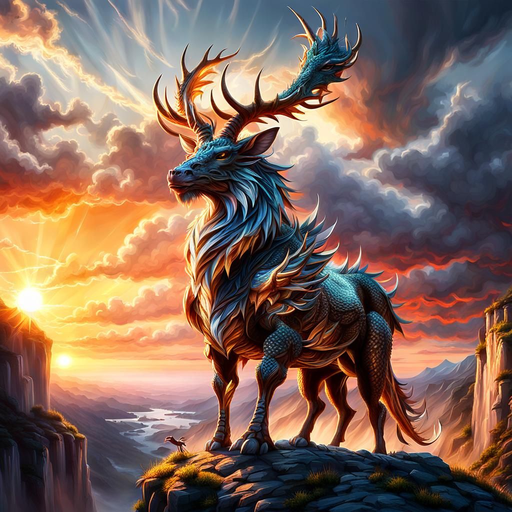 Stag-Dragon Hybrid at Sunset: Epic Digital Painting