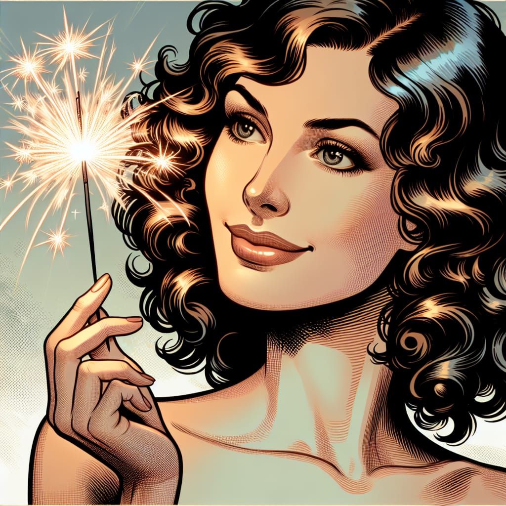 Brunette Woman with Sparkler in Early 20th-Century Style