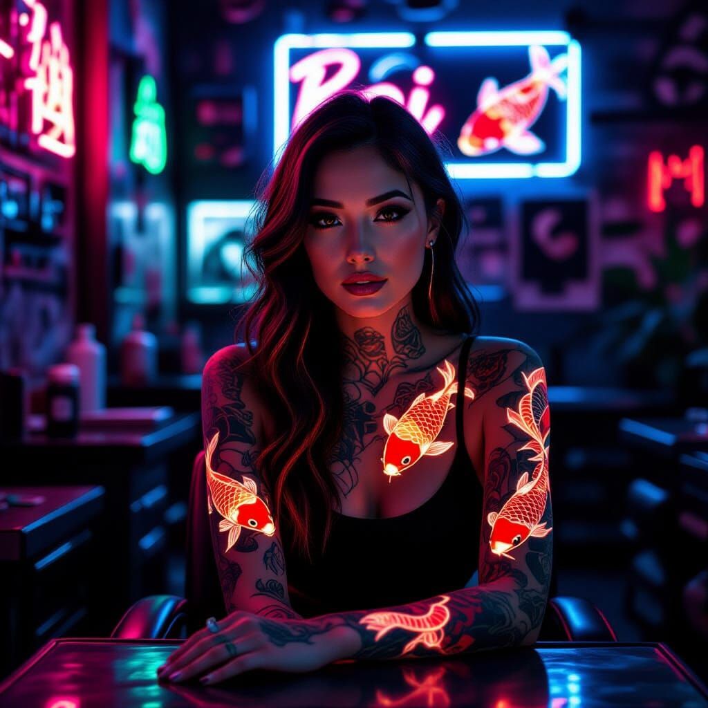 Bioluminescent Koi Tattoo Art in Neon Parlor