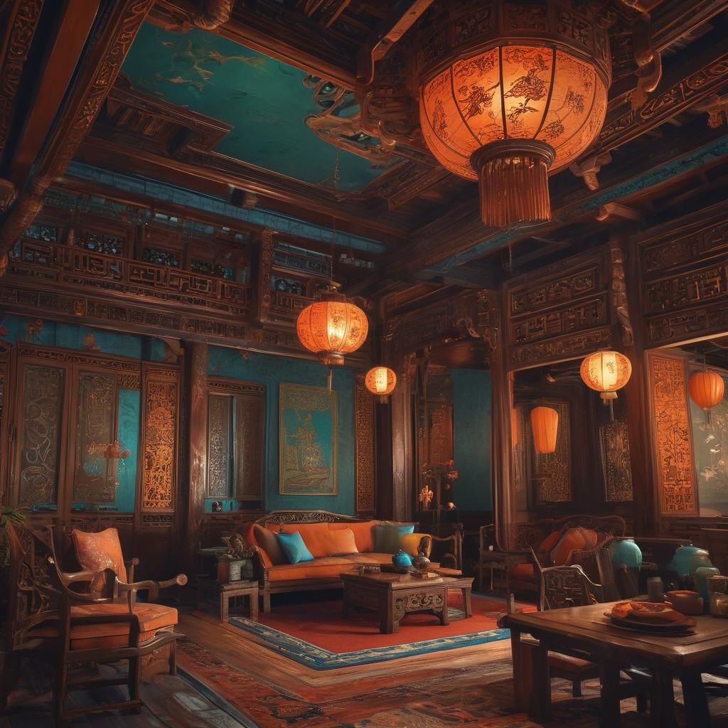 Intricate Chinese Room at Night, in Art Nouveau Style