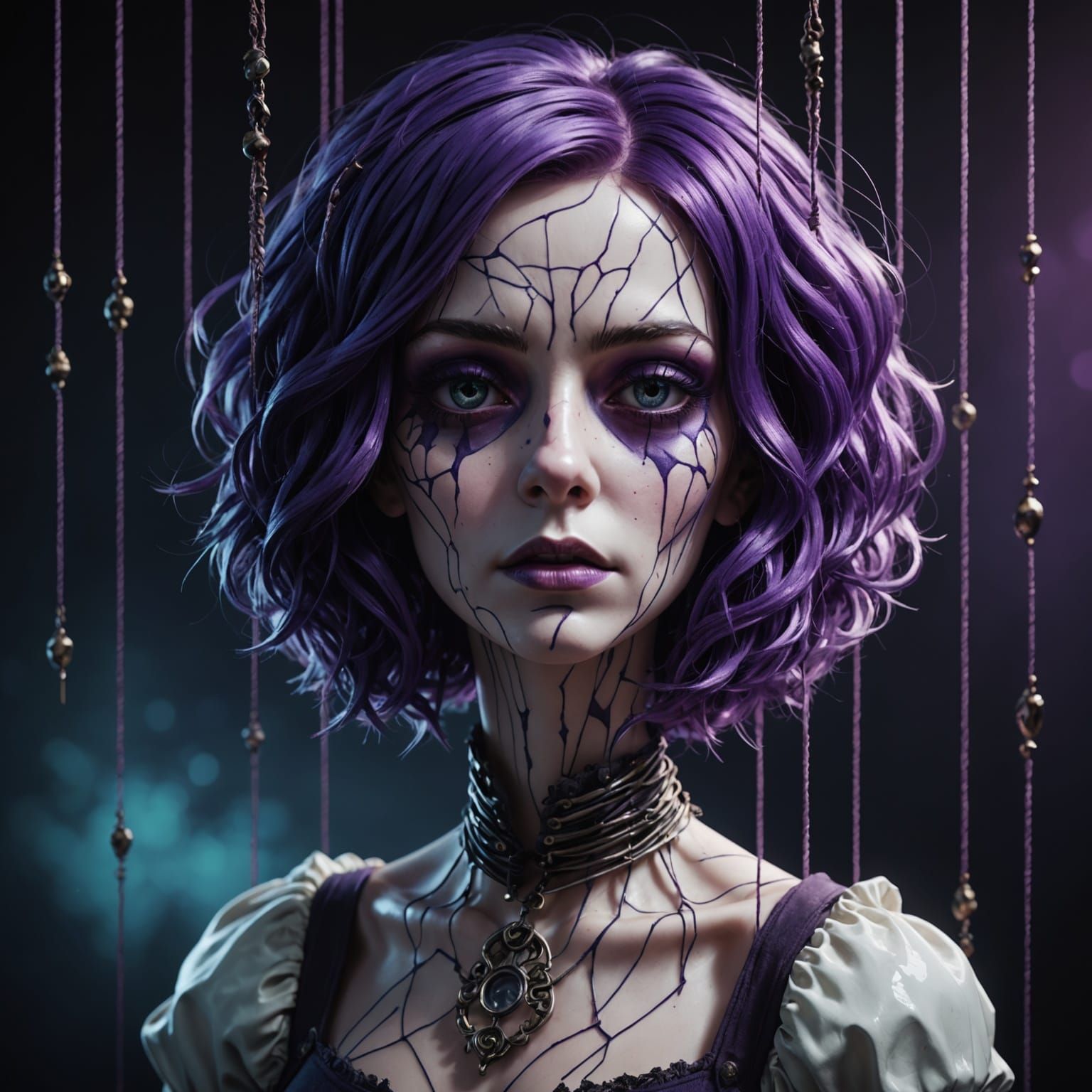 Sad Porcelain Marionette with Purple Hair