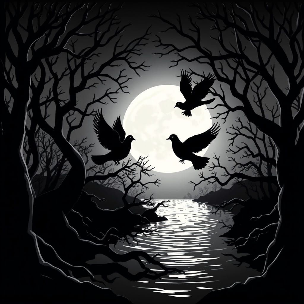 Ethereal Doves Amidst a Mystical Forest at Night