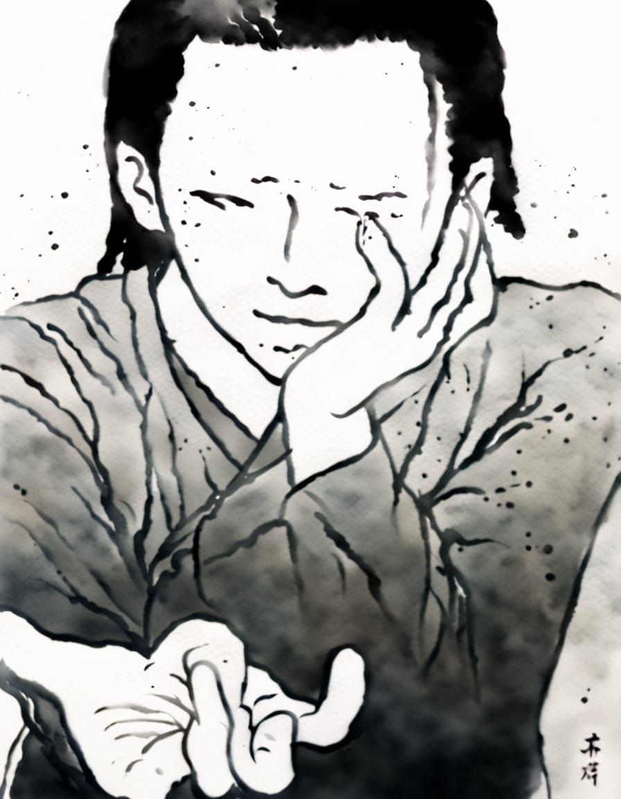 Japanese Watercolor Masterpiece: Sumi-e Style Garden Scene