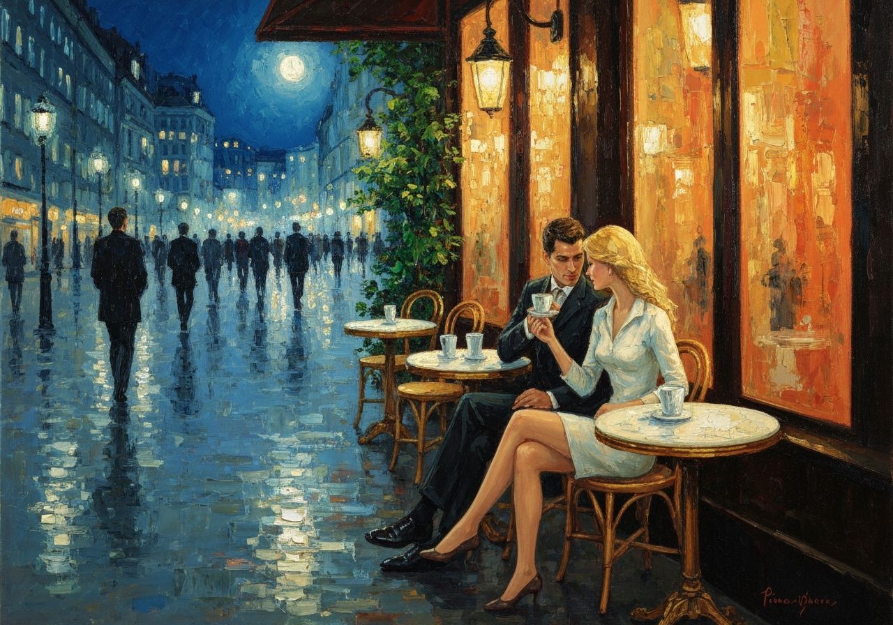 Cozy Vienna Cafe Scene in Mixed Media Oil Painting