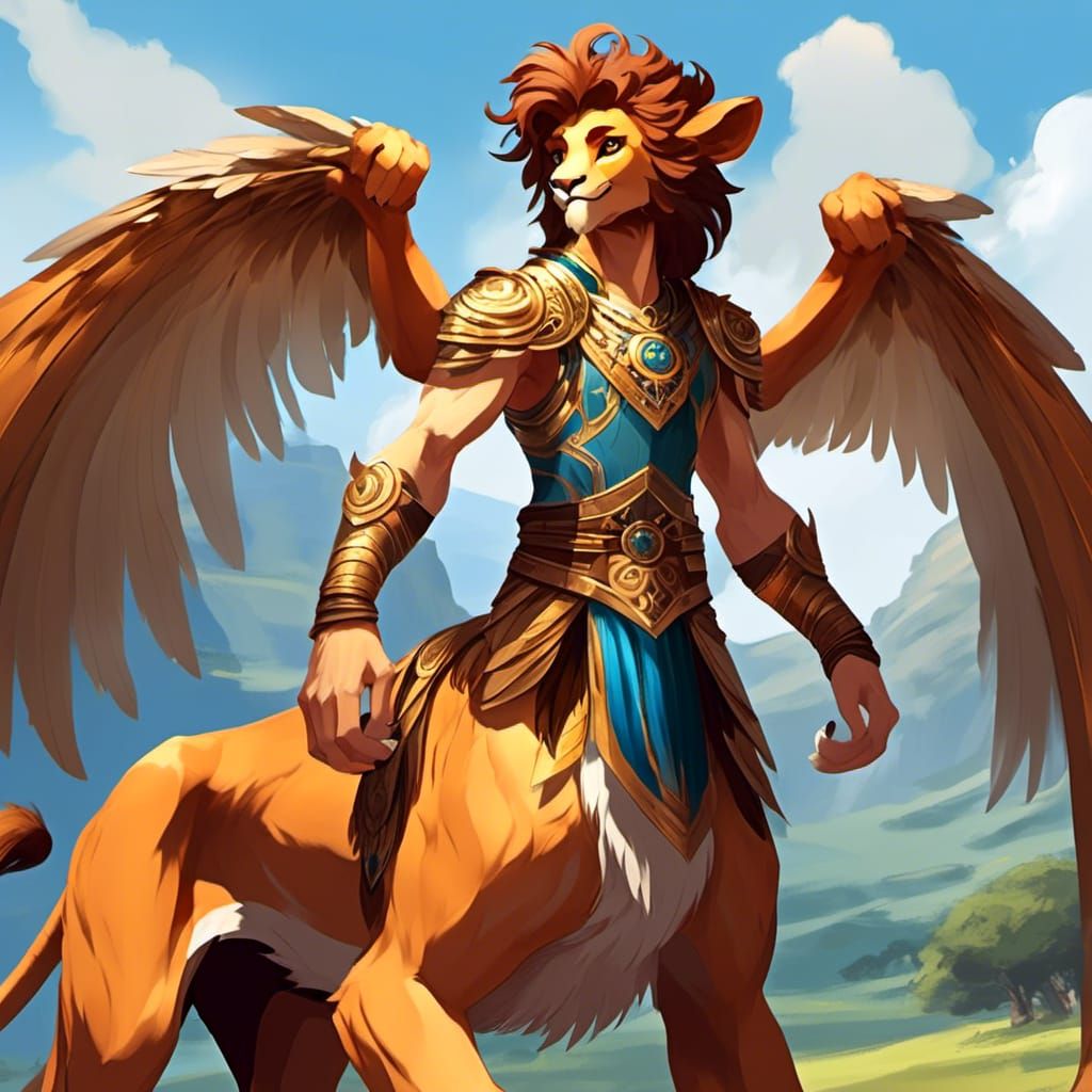 Majestic Winged Liontaur with Feathered Wings