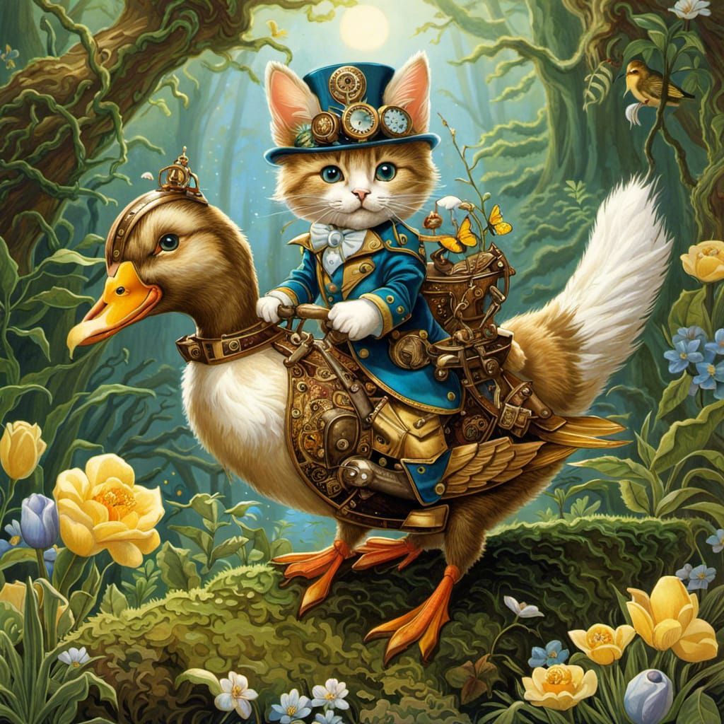 Steampunk Kitten Rides Duck in Fantasy Forest