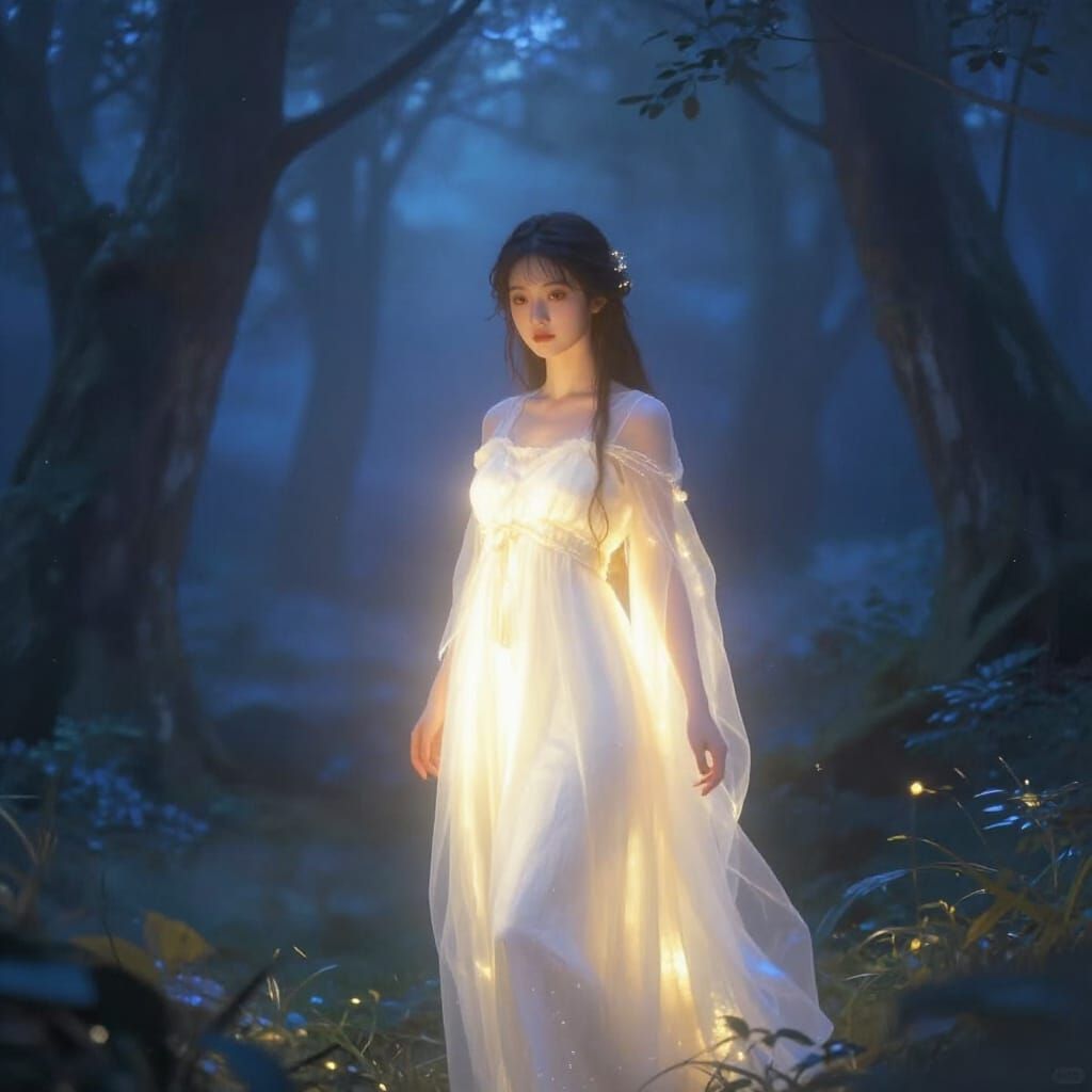 Ethereal Maiden Radiates Gentle Light in Twilight Forest