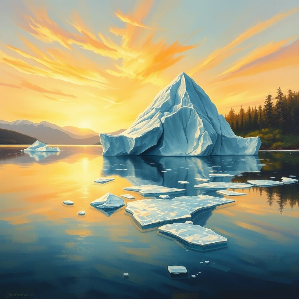 Majestic Iceberg Melts into Tranquil Lake Waters in Impressi...