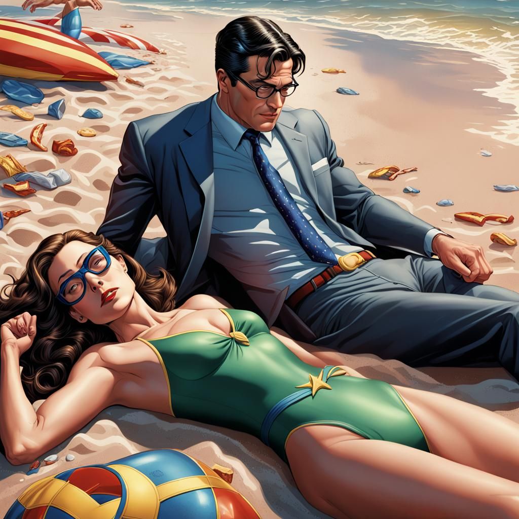 Hyperrealistic Beach Scene: Superman, Lois, and Batman