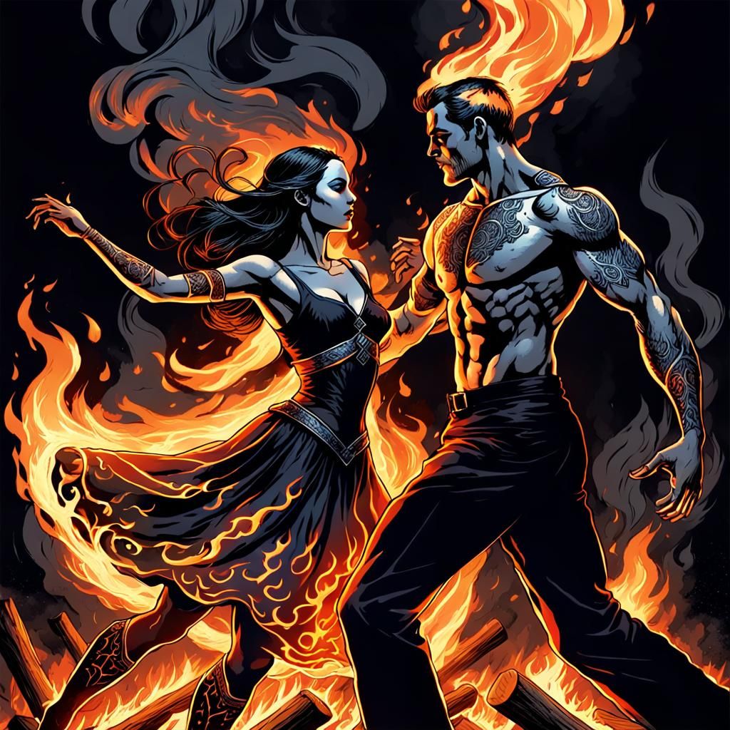 Dancing Couple in Fiery Embers: Gothic Comic Art