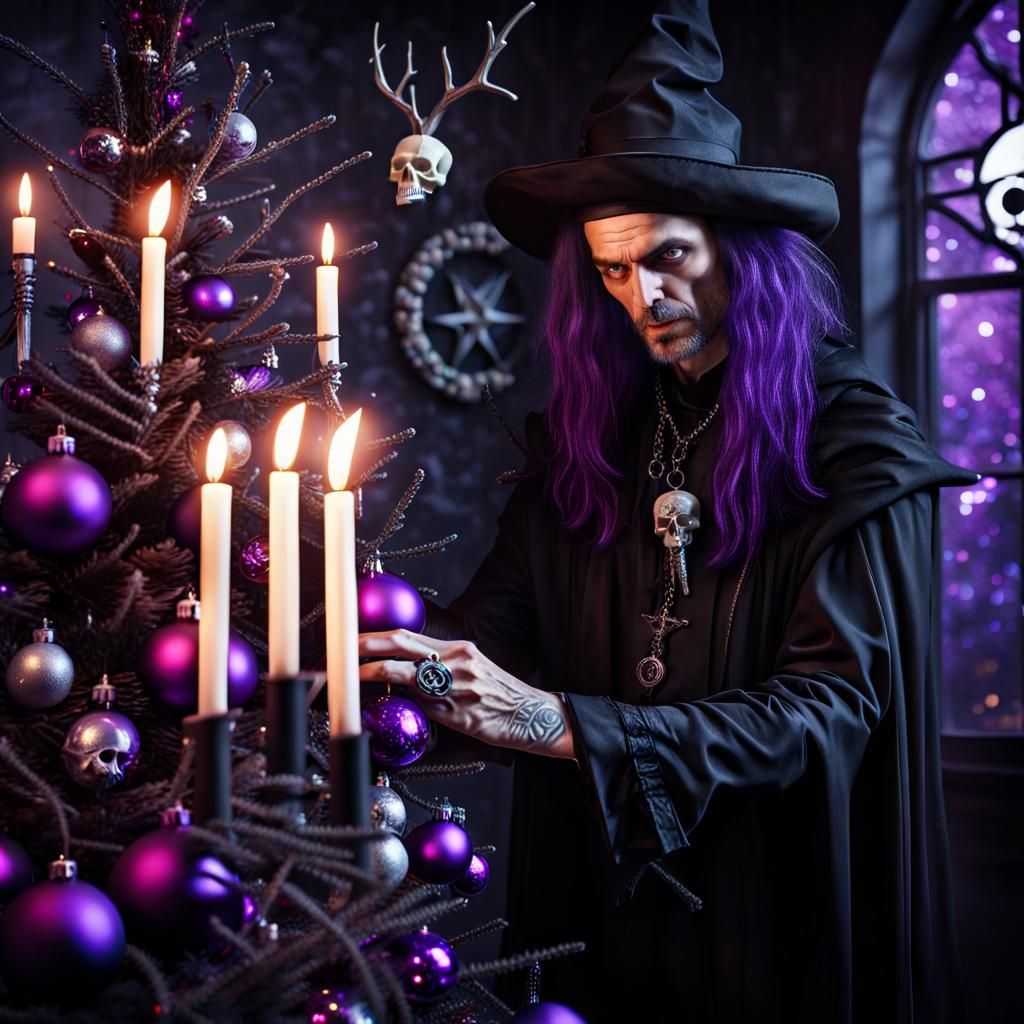 Gothic Male Witch Decorating Christmas Tree