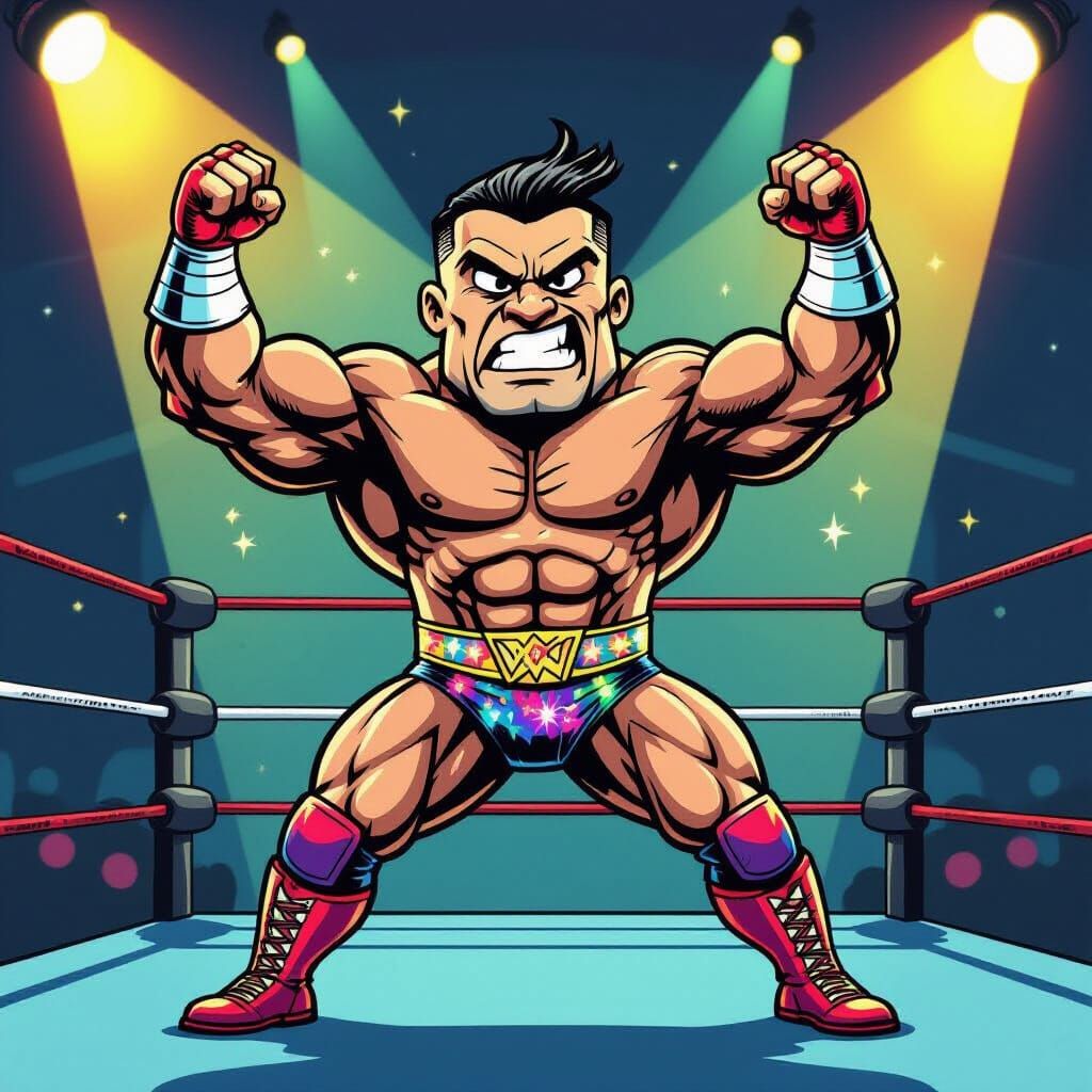 Caricature Wrestler Character in Vibrant Pop-Art Style