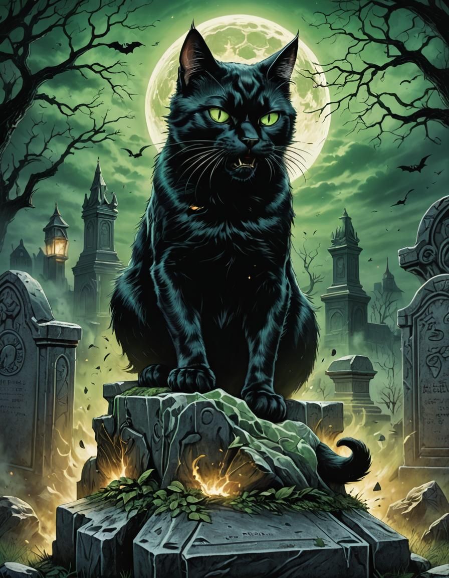 Angry Black Cat Under Full Moon, Comic Art