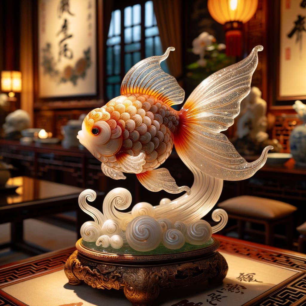 Exquisite Glass Goldfish Sculpture in Chinese Style