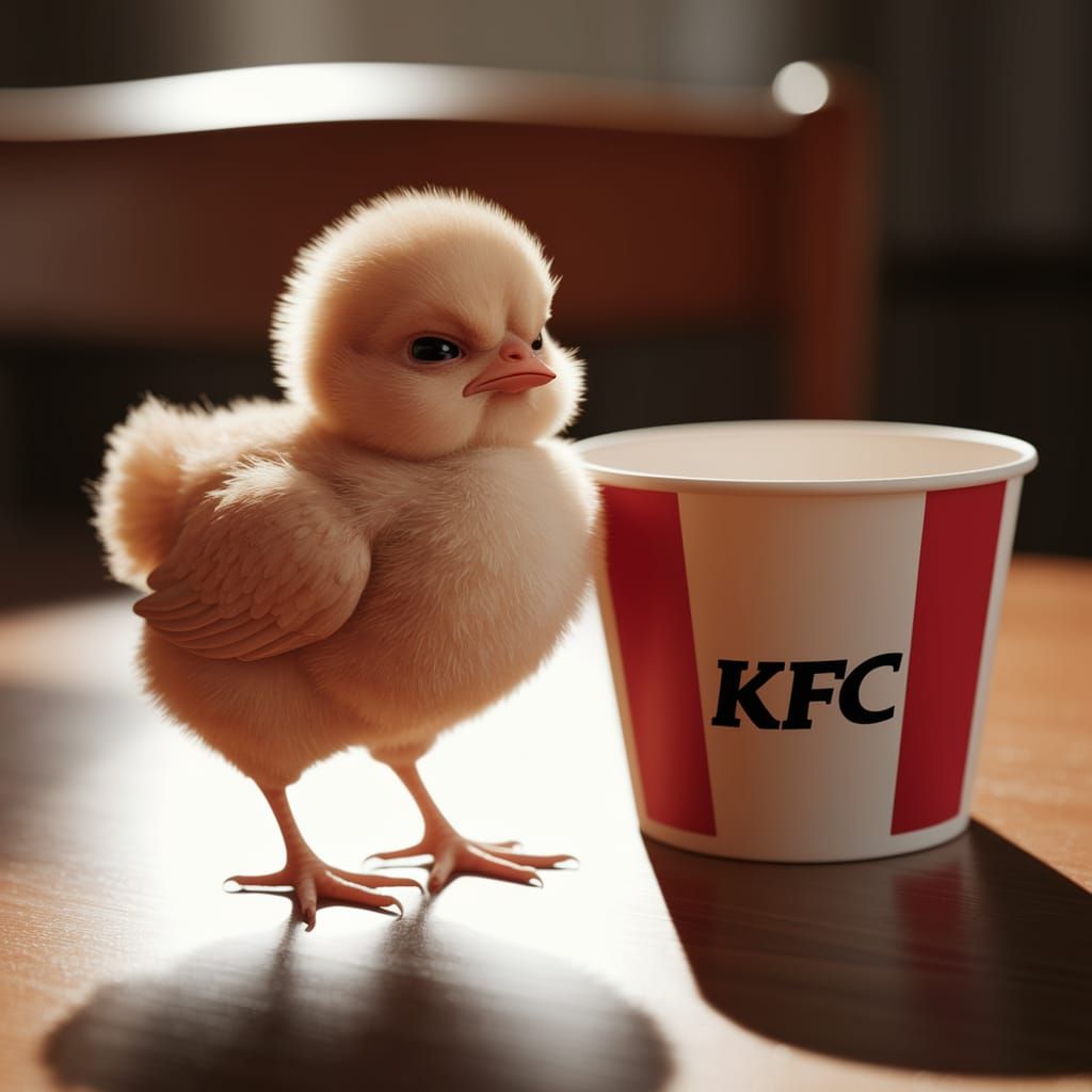 Grumpy Chick and KFC Bucket on Table