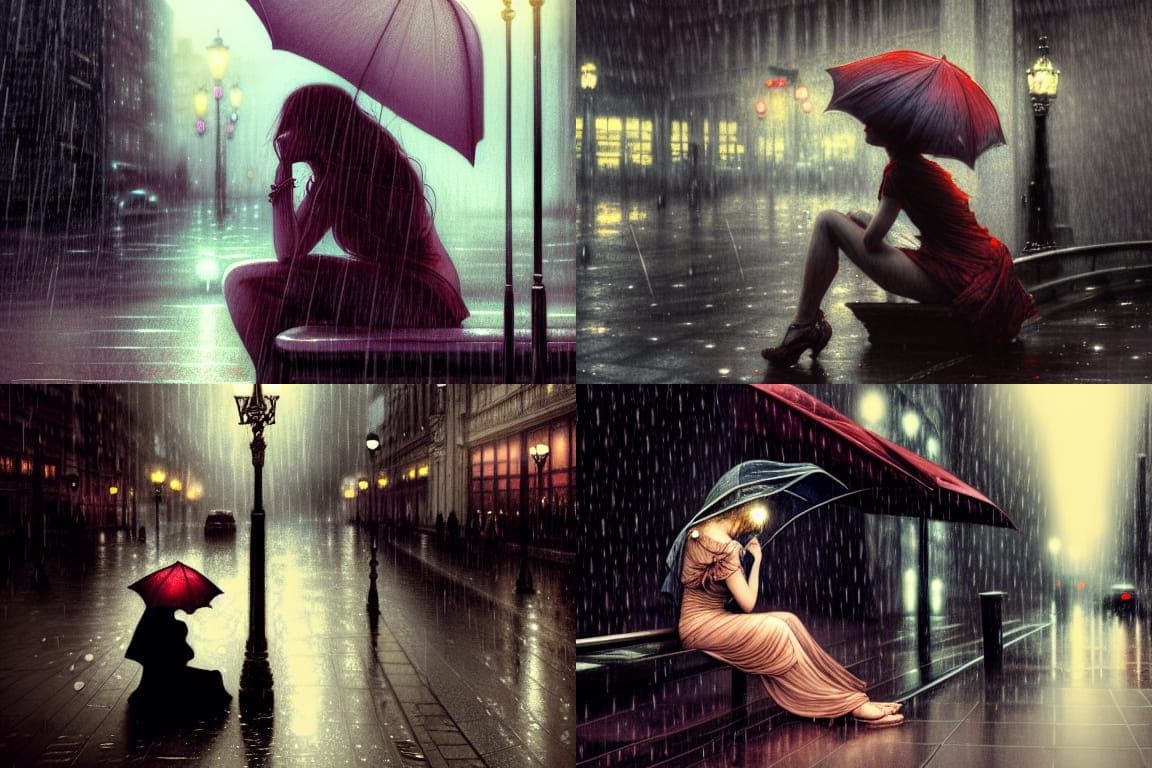 Sad Woman in Rainy City Night: Digital Art
