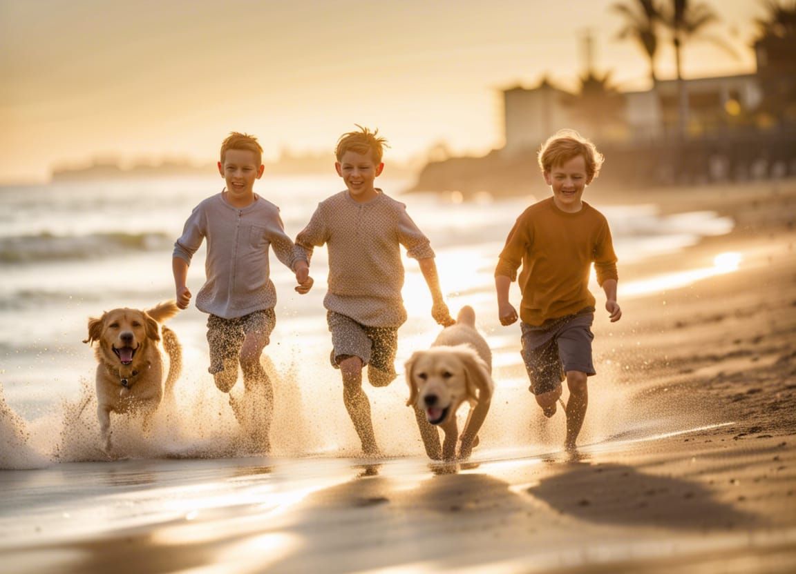Boys and Labrador Run on Beach in Golden Light