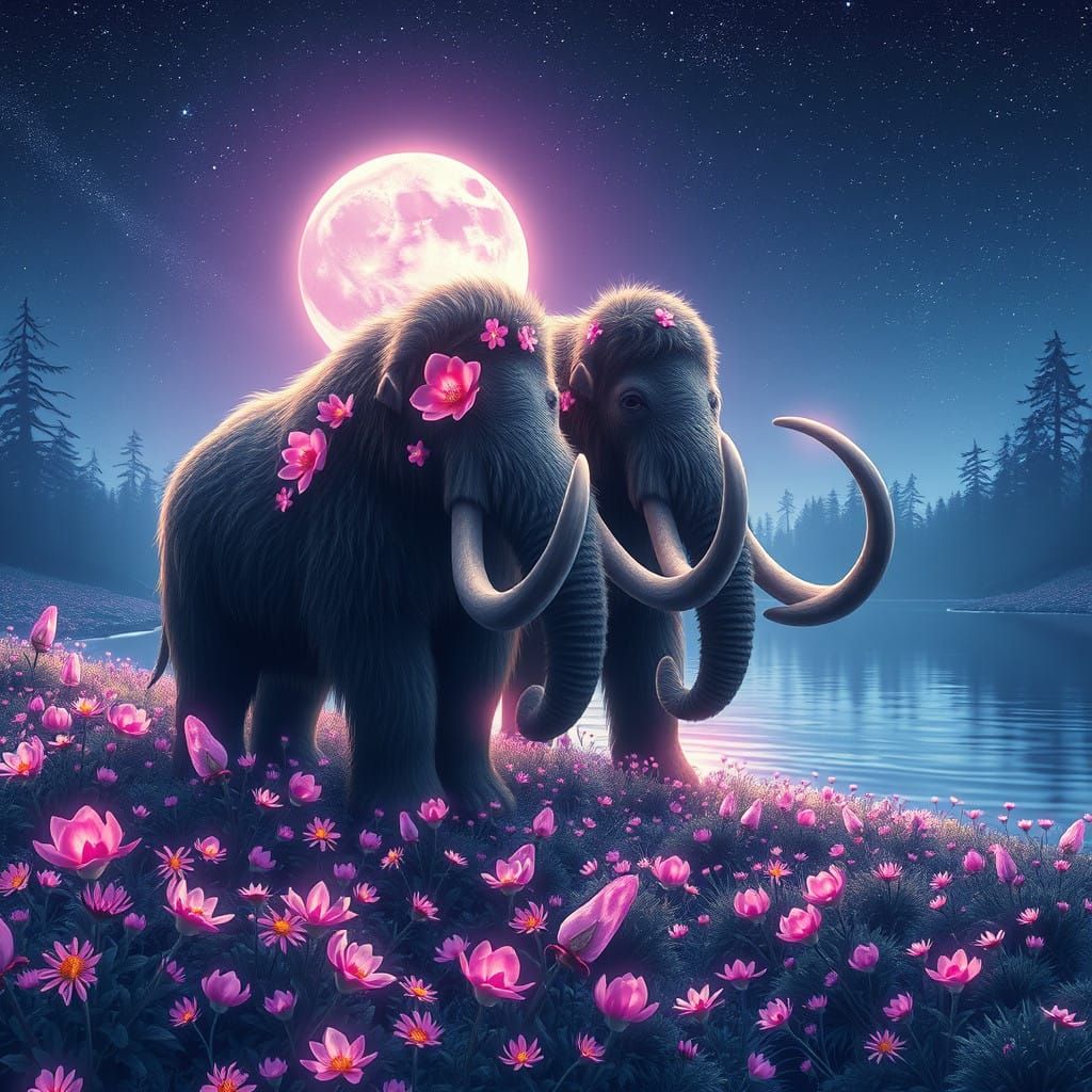 Majestic Mammoth Couple Under Starry Night Sky