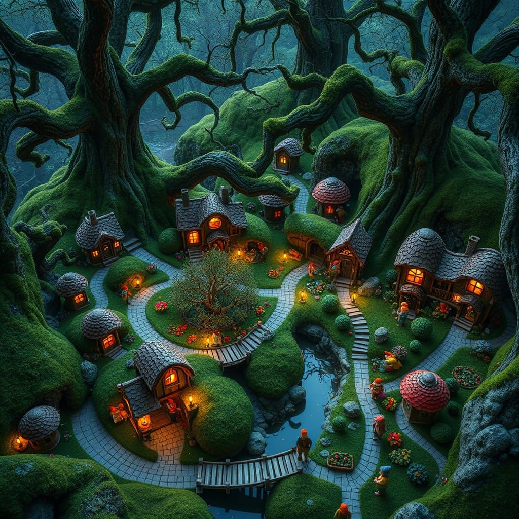 Whimsical Gnome Village in a Lush Forest
