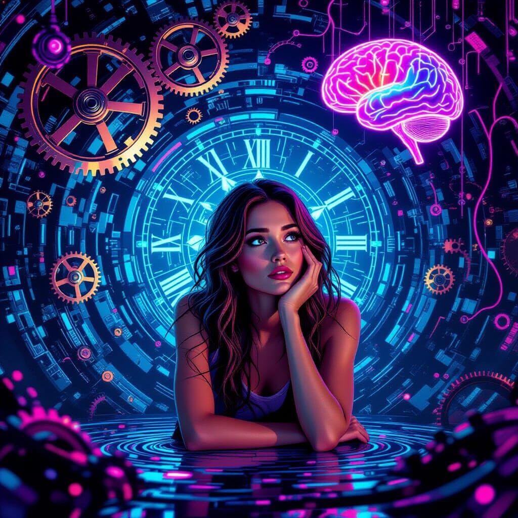 Surreal Thoughtscape with Clockwork Gears and Neon Neurons