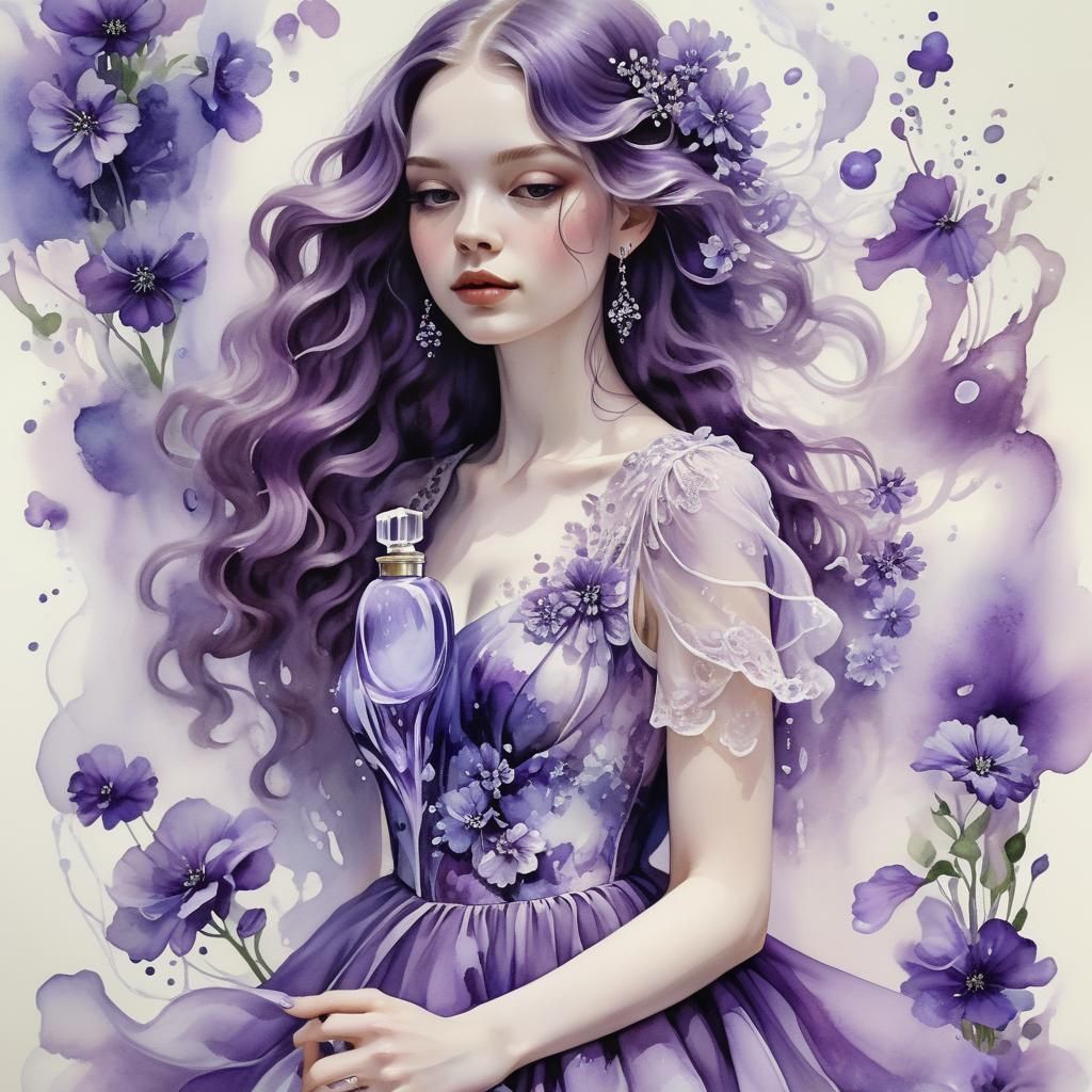 Girl with Purple Flowers in Watercolour Style