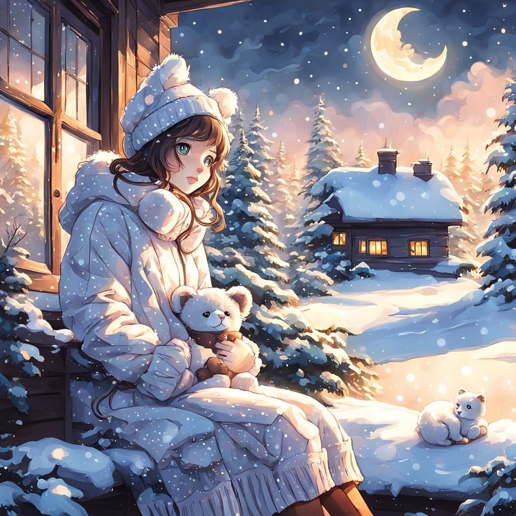 Surreal Anime Scene of Girl with Cat Ears in Winter Wonderla...