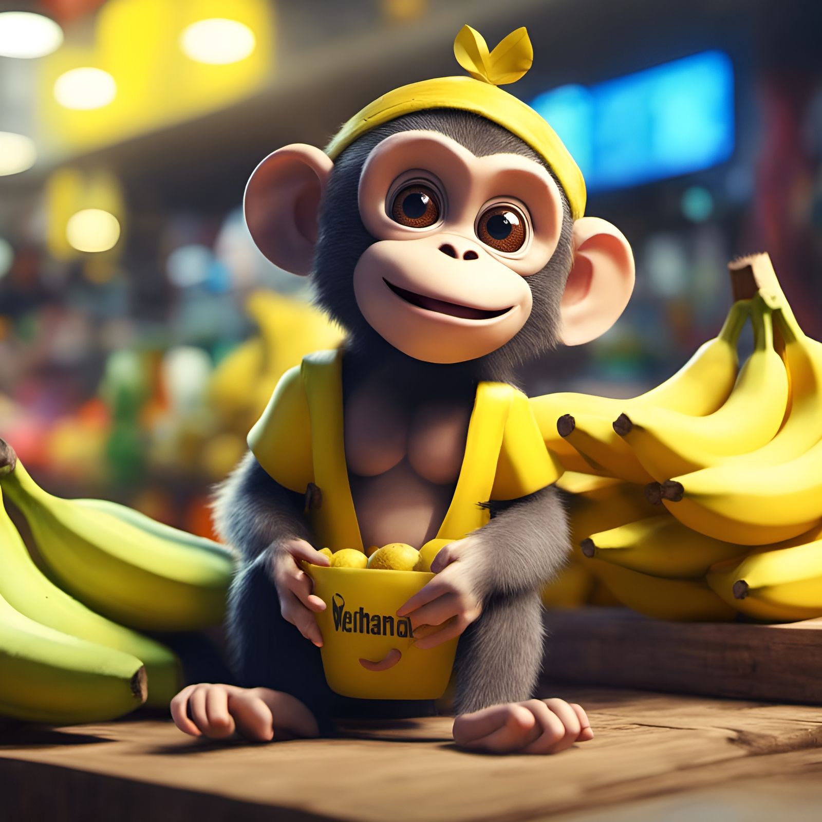 Smiling Monkey Vendor in Banana Supermarket