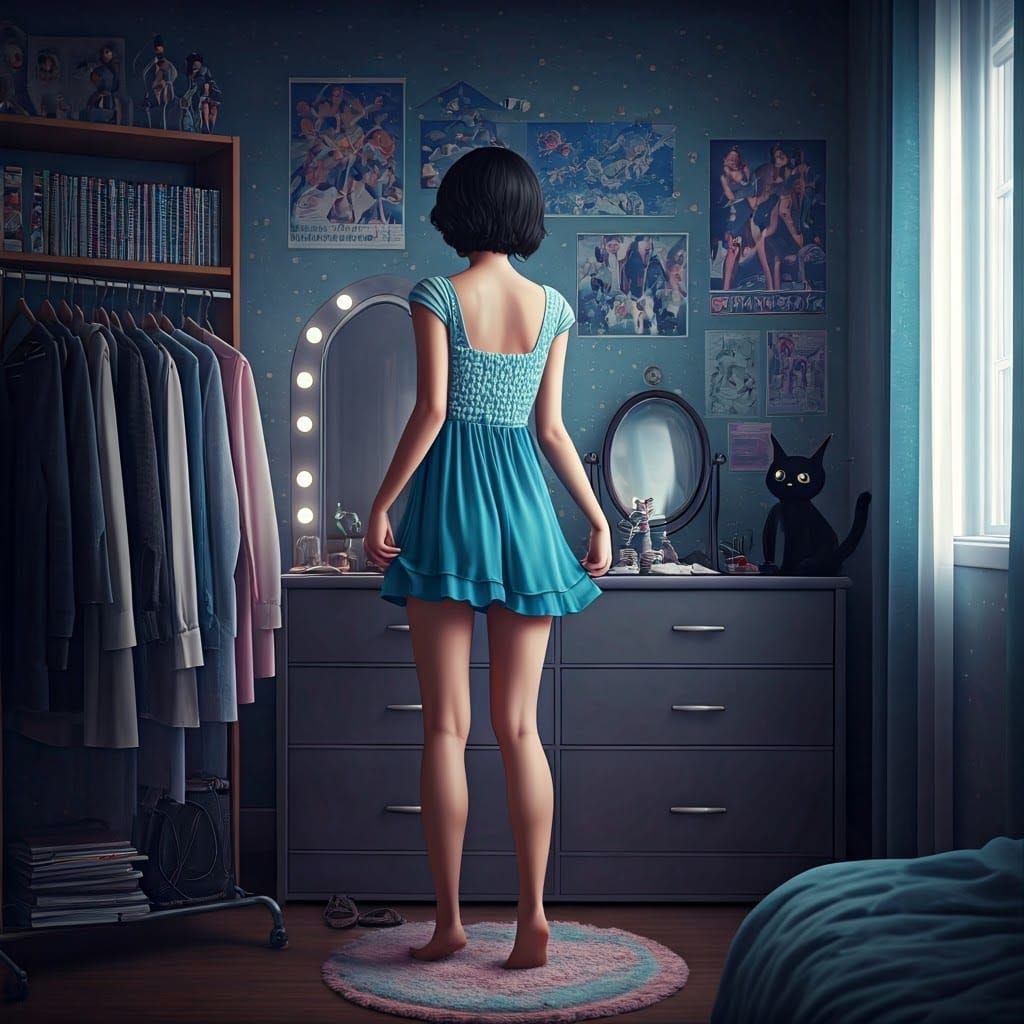 Feminine Thai Girl in Whimsical Bedroom Trying on a Cute Dre...