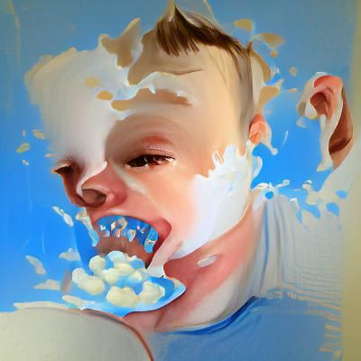 Boy Portrait with Milk Against Sky Blue Backdrop