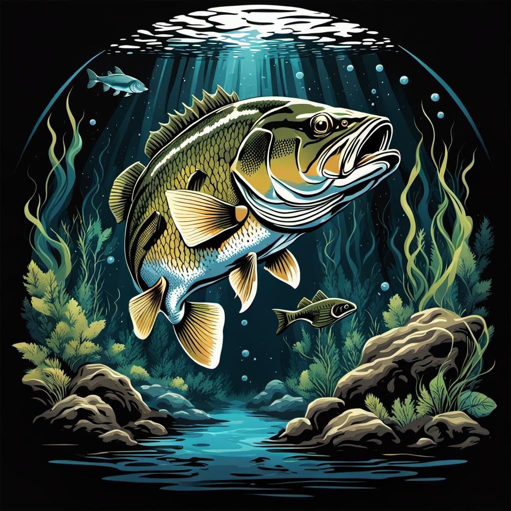 Aquascape Bass Fish T-Shirt Design with Forest Shadows