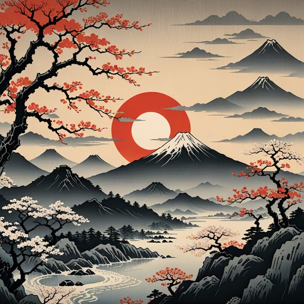 Majestic Mountain Landscape in Ukiyo-e Style