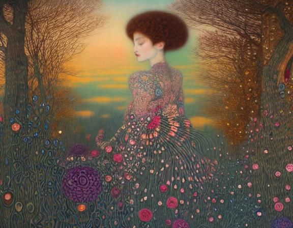 Sunset Woman in Floral Forest, Magic Realism Style