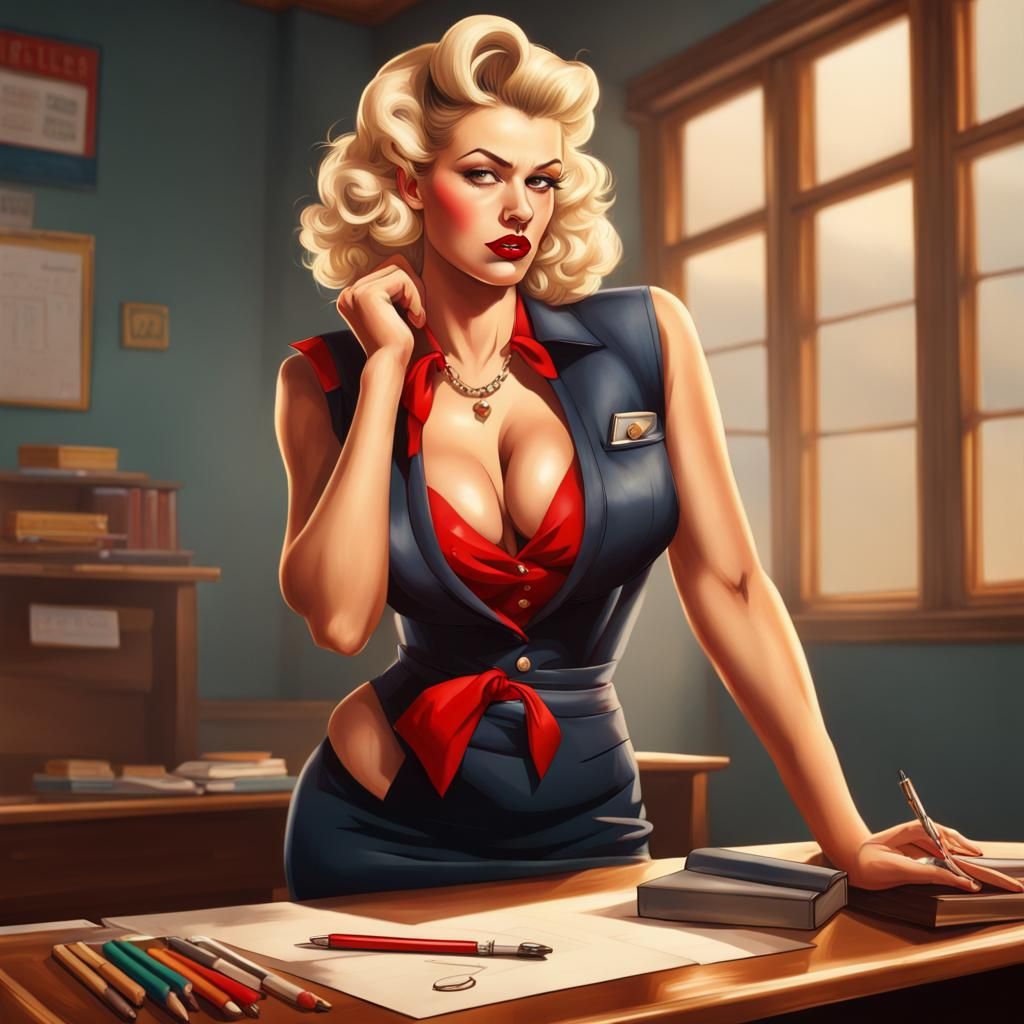 Pin-Up Style Blonde Teacher at Desk