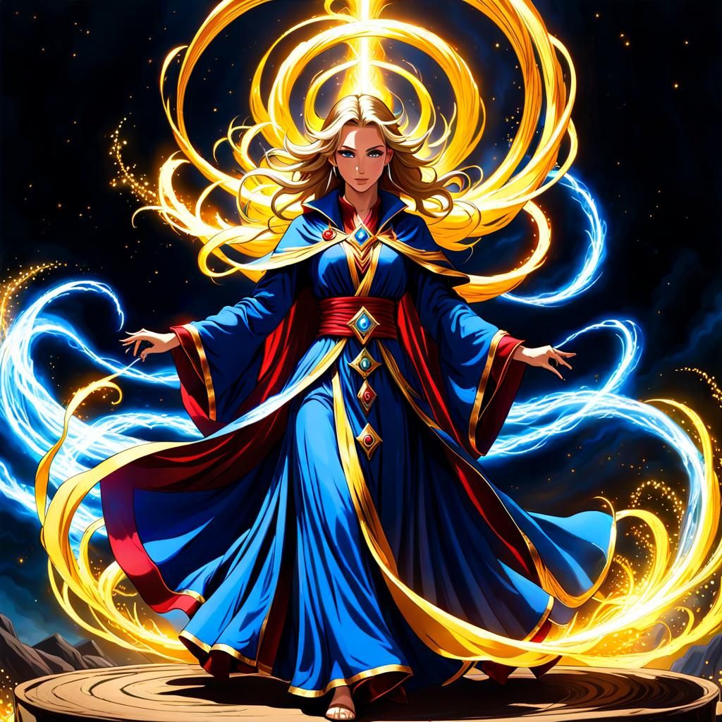 Spellcaster Channeling Magic with Flowing Robe