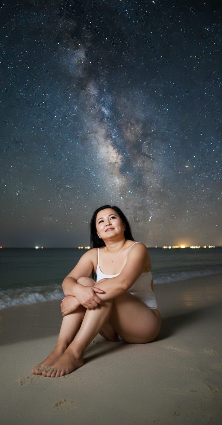 Dreamy Beach Portrait: Woman Gazes at Starry Night Sky