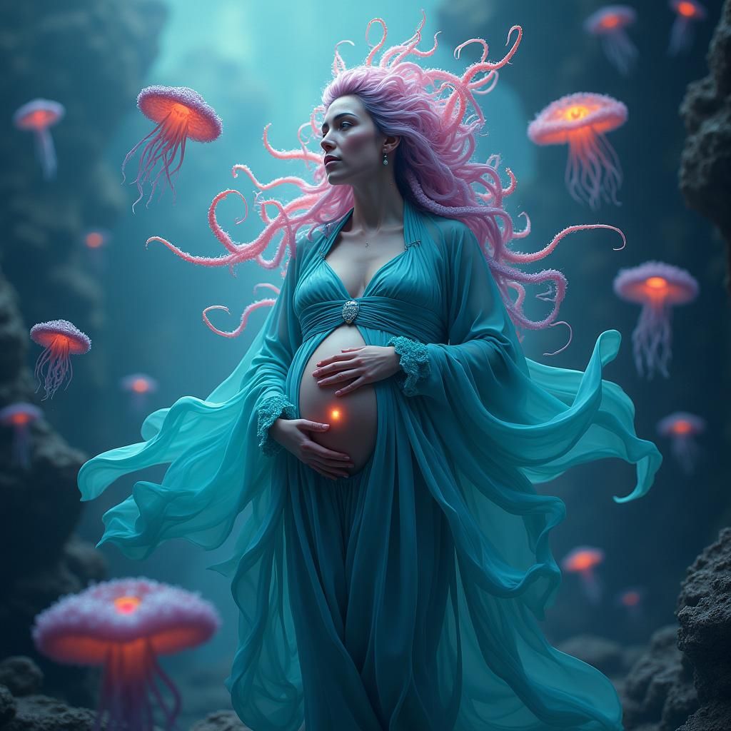 Ethereal Pregnant Woman with Octolips in Fantasy Seascape