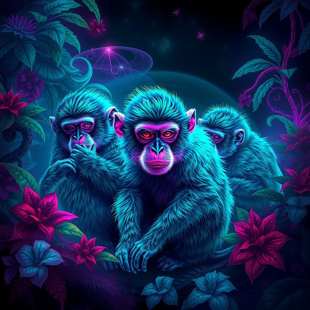 Luminescent Monkeys in Dreamlike Jungle, Digital Art