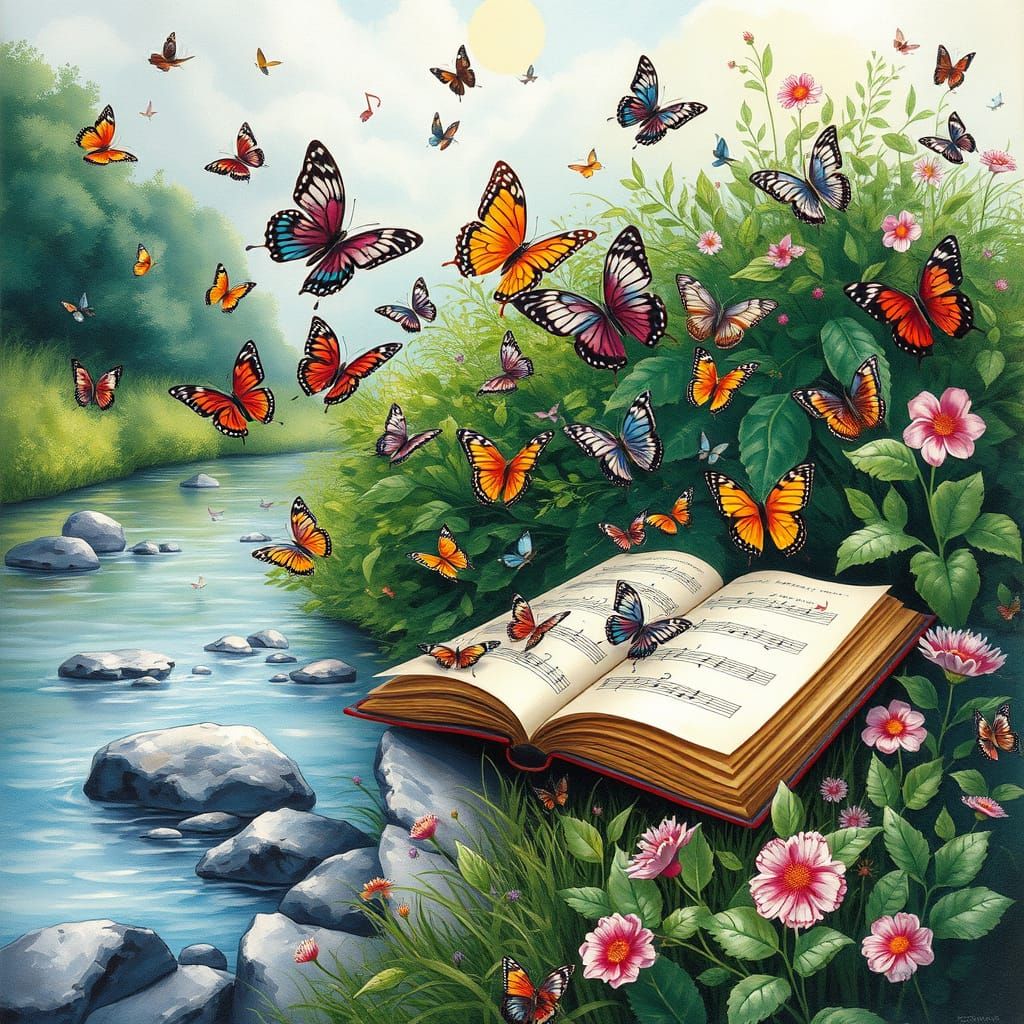 Butterflies Erupting from Book with Musical Notes