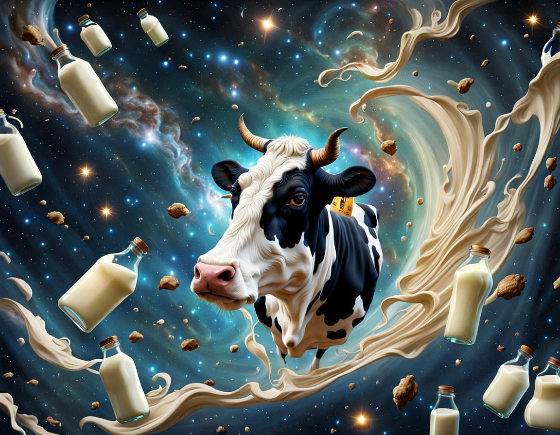 Cow in Deep Space with Milk Bottles Illustration