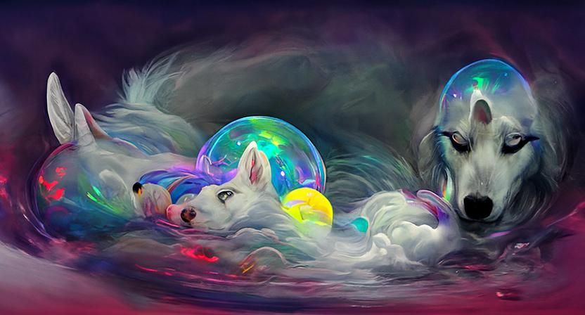 Husky in Bubble with Unicorns: Fantasy Illustration