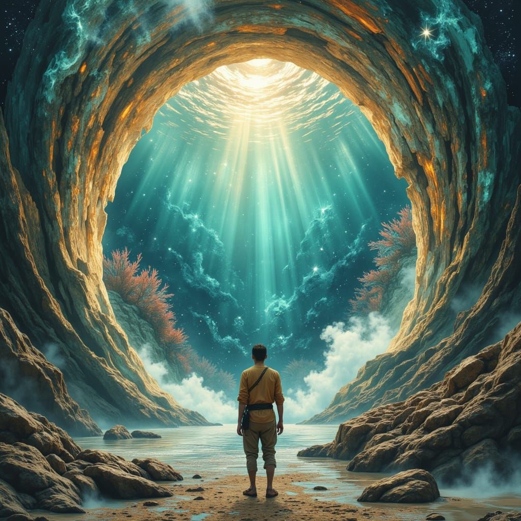 Fisherman Gazes at Alien Portal on Shore