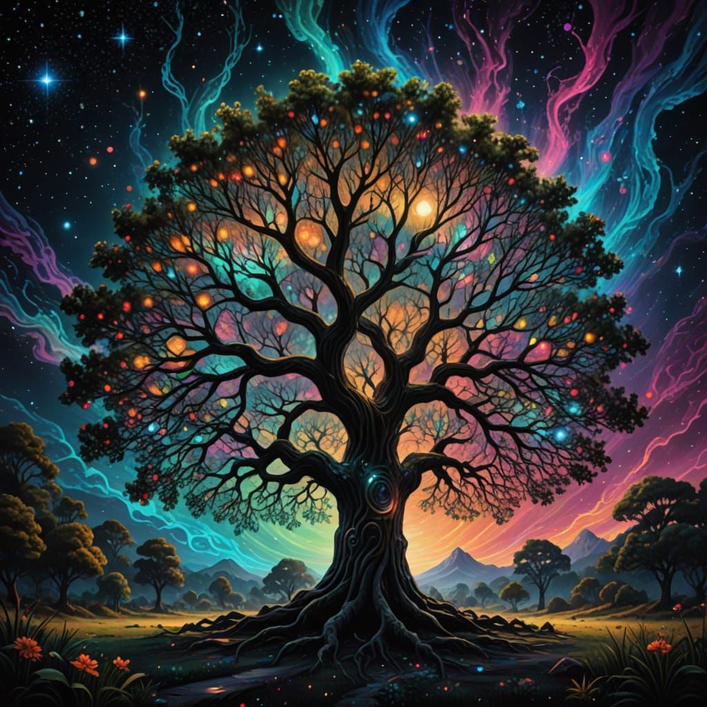 Cosmic Tree in Vibrant, Dreamlike Aesthetic